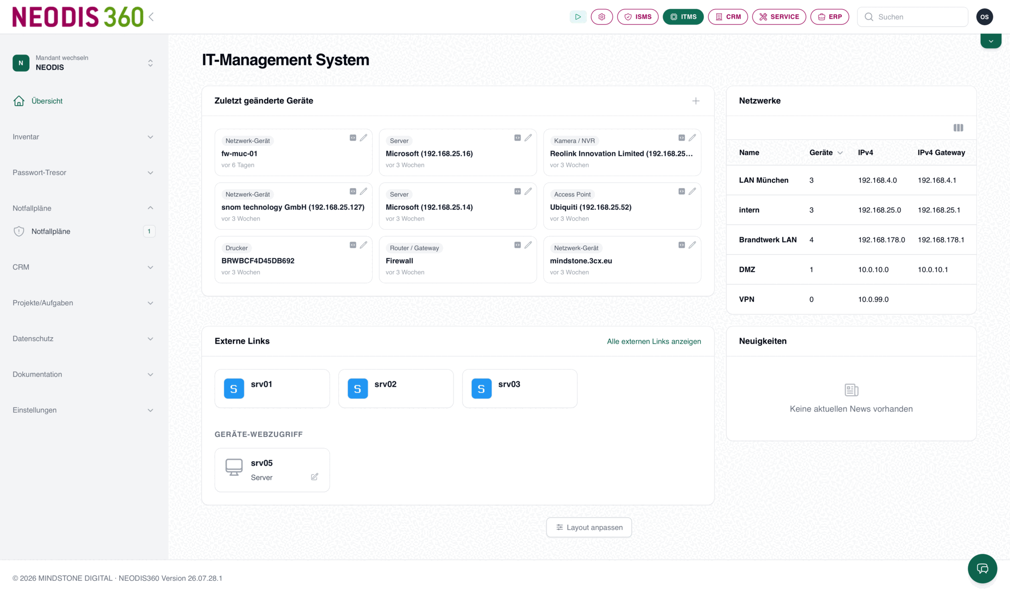 ITMS-Dashboard mit zuletzt geänderten Geräten und Netzwerkübersicht
